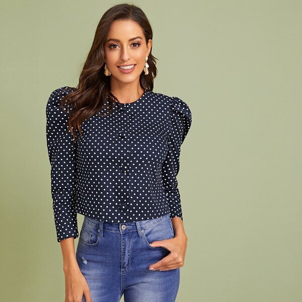 

Polka Dot Puff Sleeve Jacket, Navy