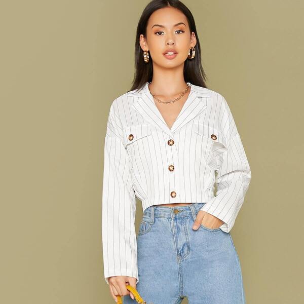 

Notch Collar Drop Shoulder Striped Jacket, White