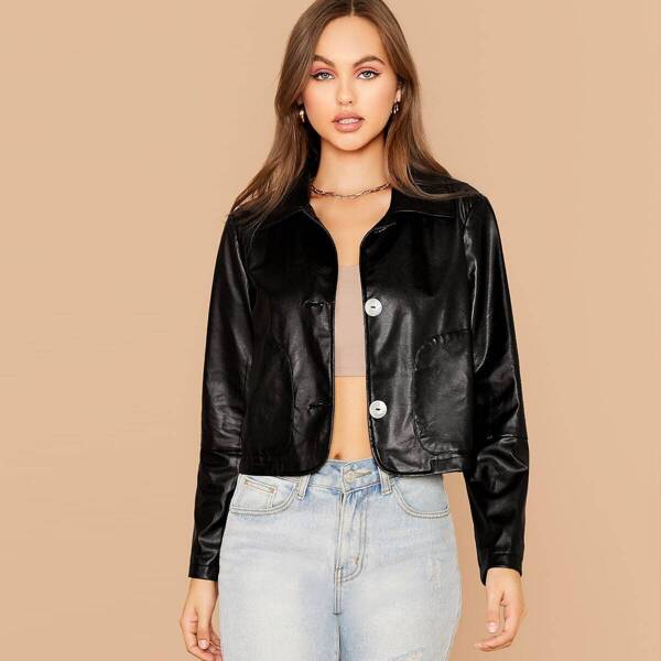 

Buttoned Front Pocket Patched PU Jacket, Black