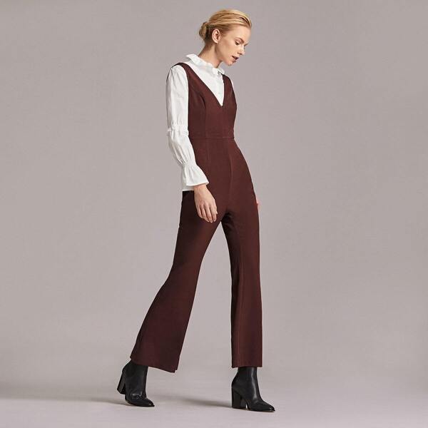 

Premium Flare Leg Solid Jumpsuit, Brown