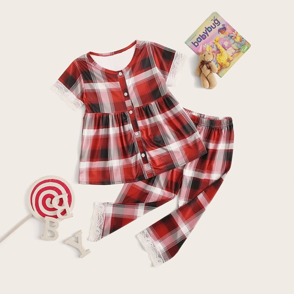 

Toddler Girls Plaid Lace Trim Pajama Set, Red