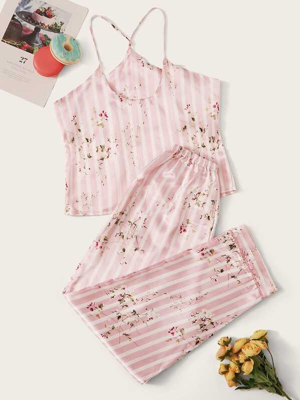 

Striped Floral Print Satin Cami Pajama Set, Pink