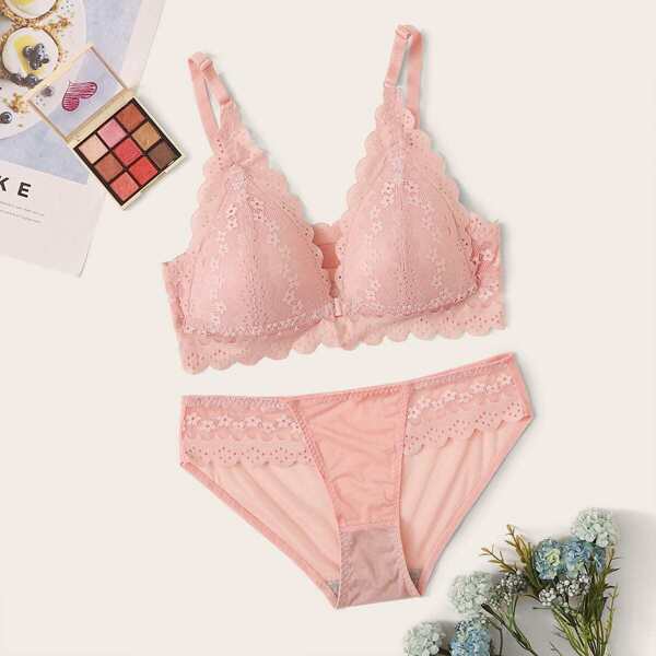 

Floral Lace Scalloped Trim Lingerie Set, Pink pastel