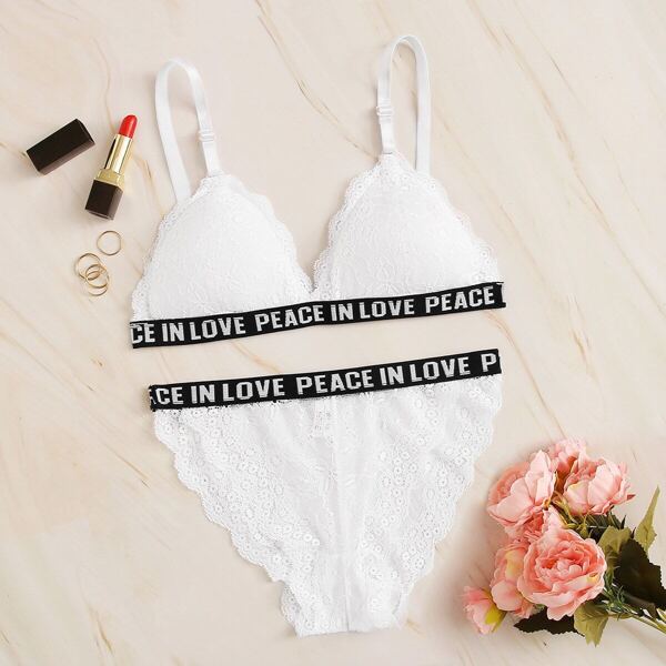 

Floral Lace Letter Tape Lingerie Set