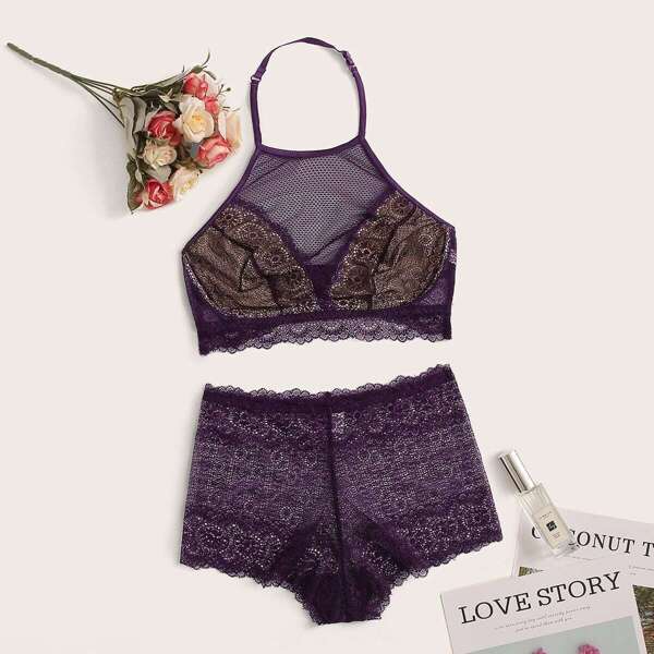 

Floral Lace Halter Lingerie Set, Purple