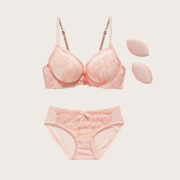 

Floral Lace Push Up Underwire Lingerie Set, Pink pastel