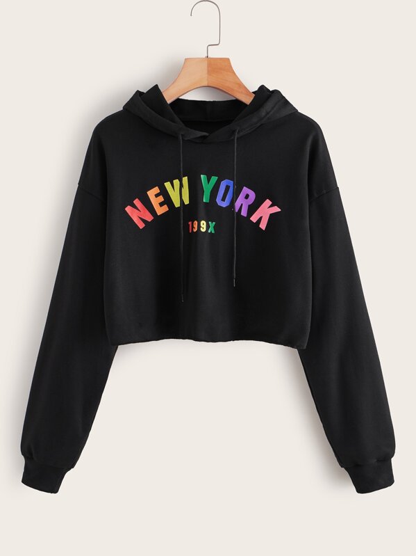 

Letter & Number Graphic Drawstring Hoodie, Black