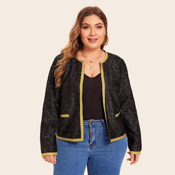 

Plus Contrast Trim Glitter Jacket, Black