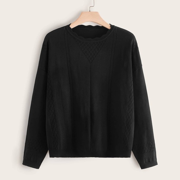 

Plus Scalloped Neckline Pointelle Knit Jumper, Black