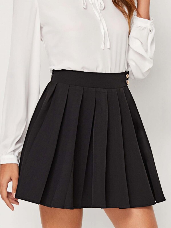 

Button Detail Pleated Skater Skirt, Black, Gabi B