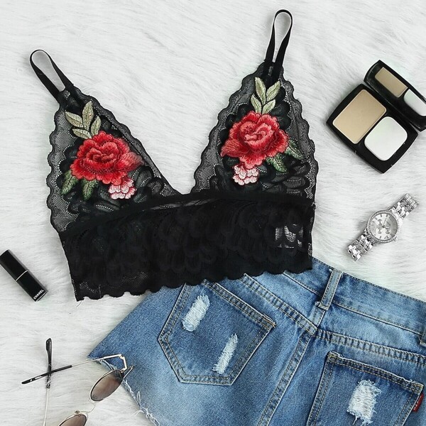 

Plus Flower Appliques Lace Bralette, Multicolor