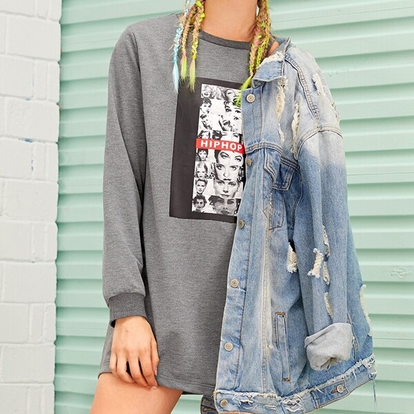 

Figure & Letter Graphic Sweatshirt Dress, Grey