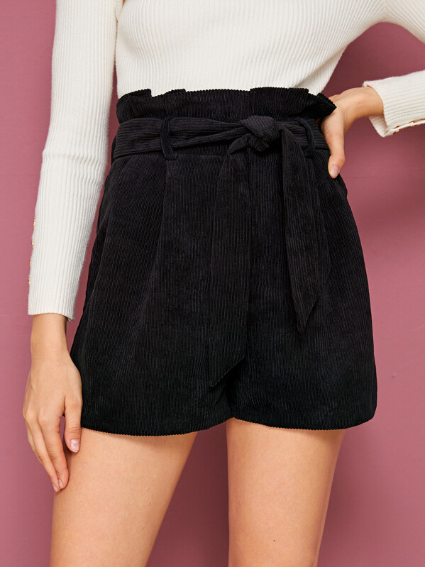 

Solid Paperbag Waist Belted Corduroy Shorts, Black, Nikola