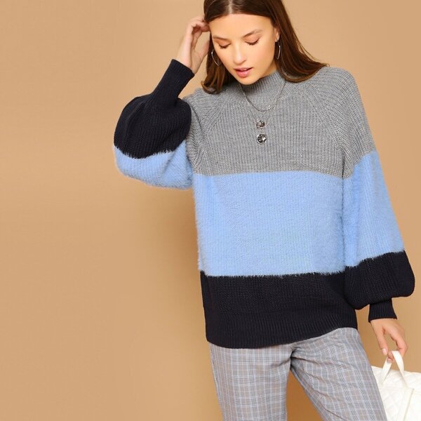 

High Neck Colorblock Pullover Sweater, Multicolor