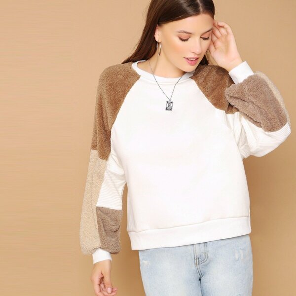 

Faux Fur Colorblock Sleeve Pullover Sweatshirt, Multicolor