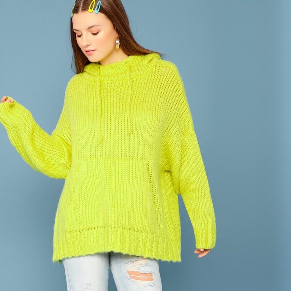 

Kangaroo Pocket Knitted Pullover Hoodie Sweater, Green bright