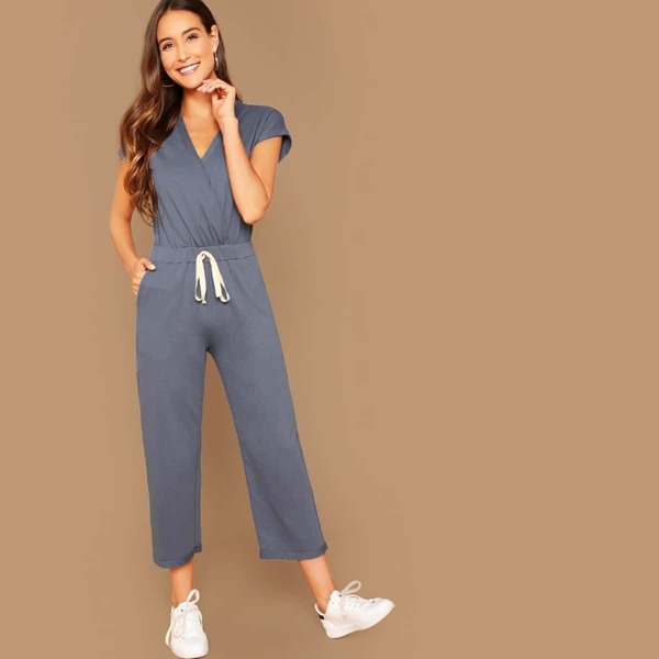 

Surplice Neck Drawstring Waist Jersey Jumpsuit, Blue