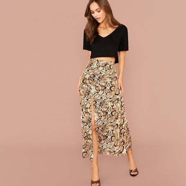 

Boxy Solid Crop Tee and Snakeskin Print Split Hem Skirt Set, Multicolor