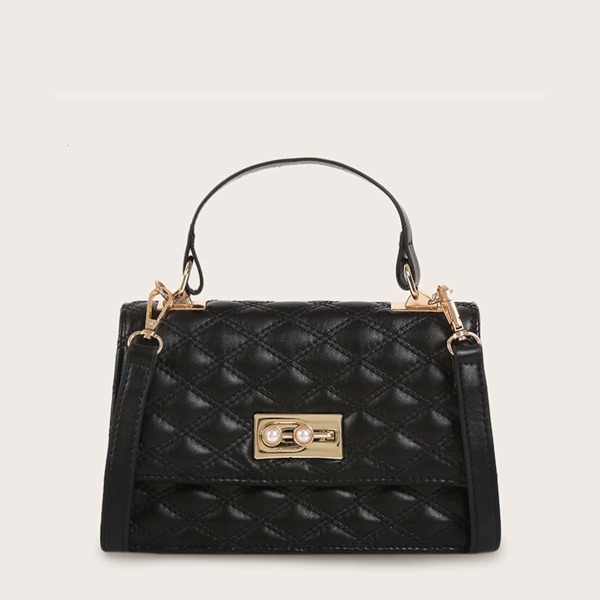 

Faux Pearl Decor Quilted Satchel Bag