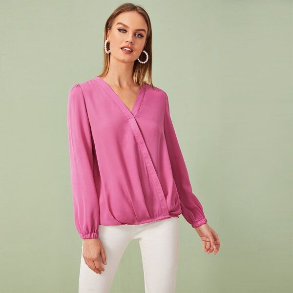 

Solid Surplice Front V-neck Blouse