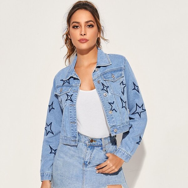 

Star Embroidered Pocket Detail Crop Denim Jacket, Blue