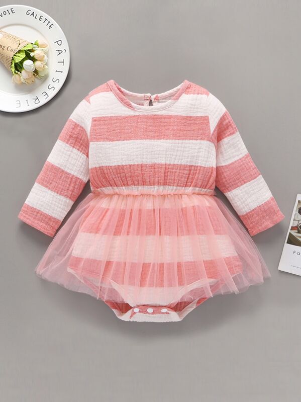 

Baby Girl Contrast Mesh Keyhole Back Striped Romper, Pink