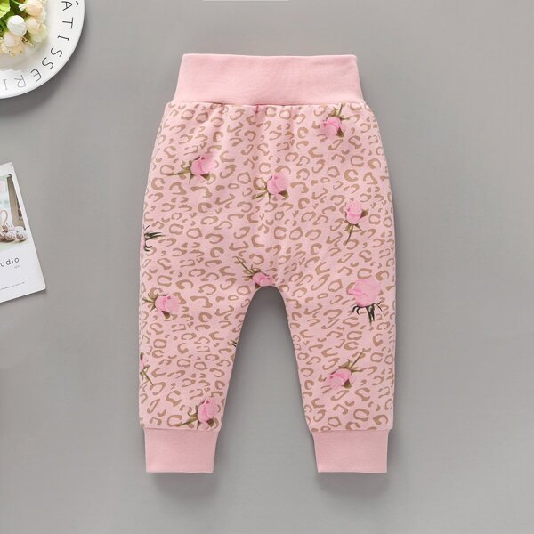 

Baby Girl Elastic Waist Leopard And Flower Print Pants
