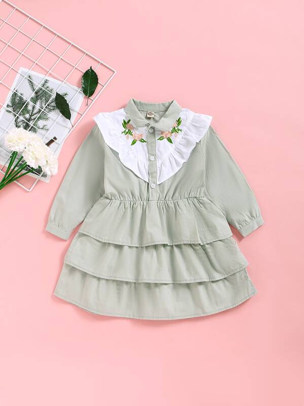 

Toddler Girls Floral Embroidered Layered Ruffle Dress, Green