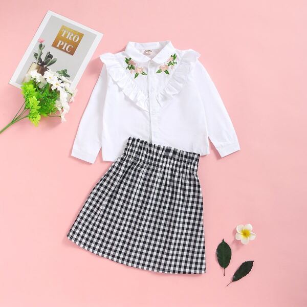 

Toddler Girl Floral Embroidered Ruffle Trim Blouse With Gingham Skirt, Black and white