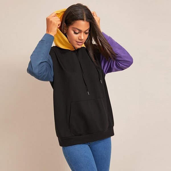 

Cut And Sew Kangaroo Pocket Drawstring Hoodie, Black
