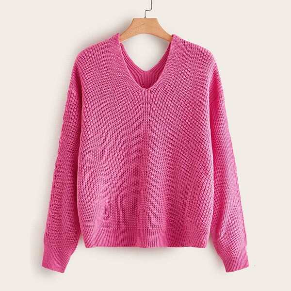 

Plus Solid V-neck Pointelle Knit Sweater, Pink bright
