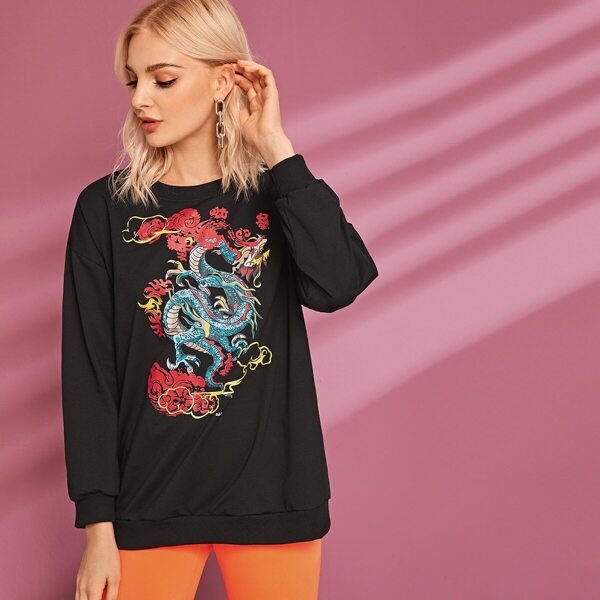 

Dragon Print Round Neck Sweatshirt, Black