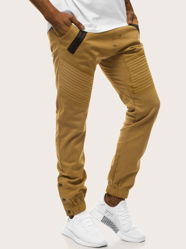 

Men Buttoned Hem Solid Pants, Khaki