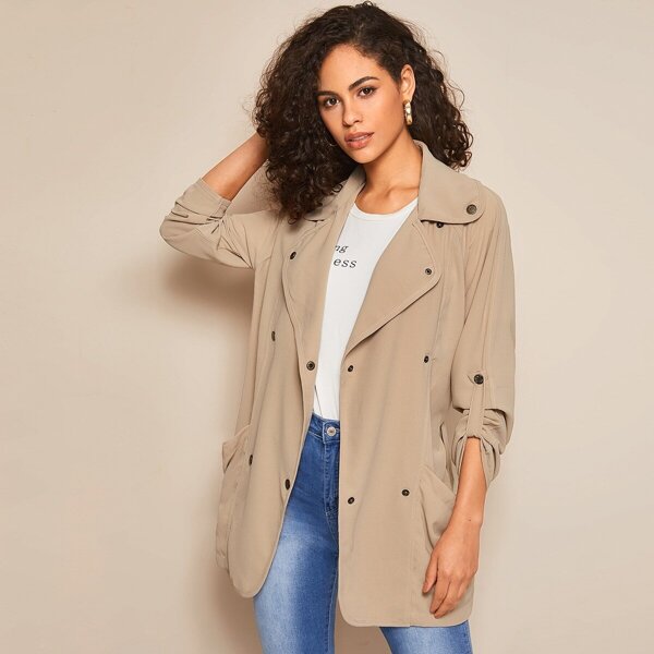 Double Breasted Rolled Sleeve Belted Trench Coat