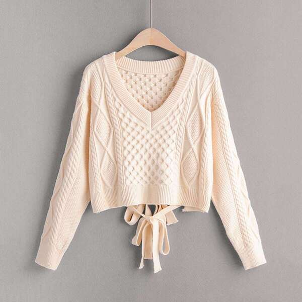 

V-neck Cable Pattern Tie Back Sweater, Beige