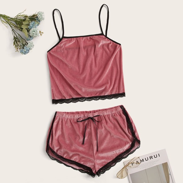 

Plus Lace Trim Cami Top With Shorts, Red