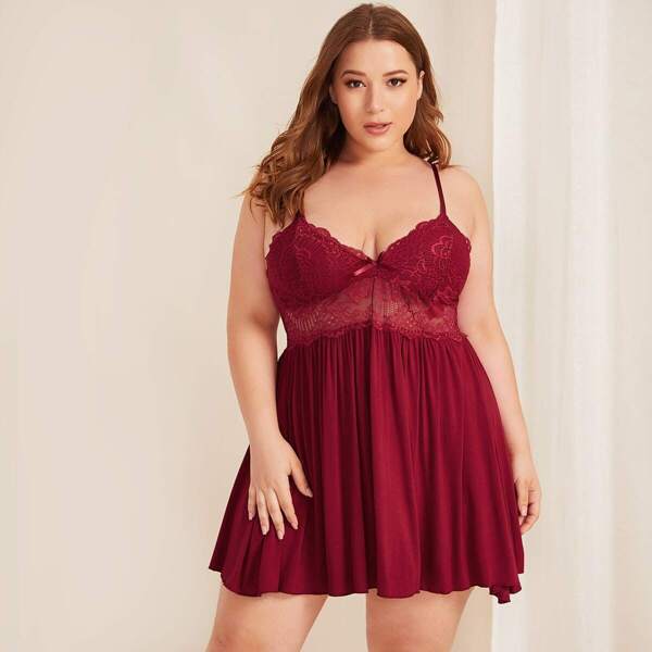 

Plus Contrast Lace Slips With Panty, Maroon