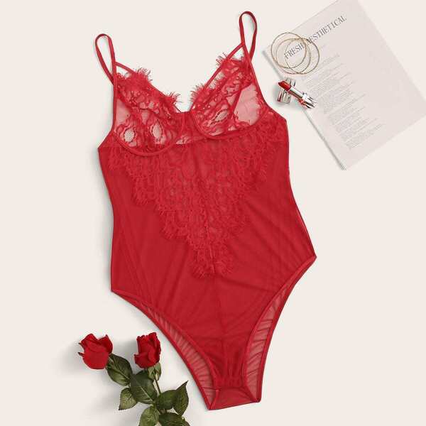 

Plus Contrast Lace Sheer Mesh Teddy Bodysuit, Red