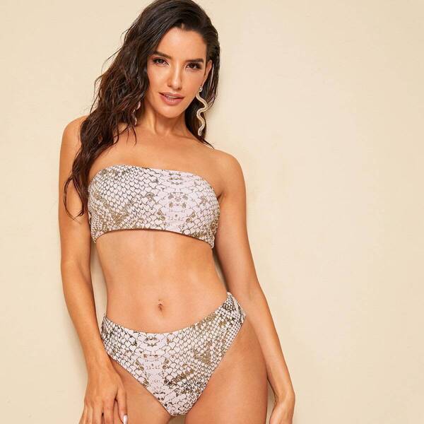 

Snakeskin Lace Up Back Bandeau Bikini Set