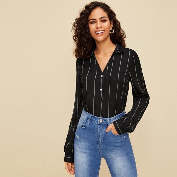 

Striped Print Button Front Shirt, Black