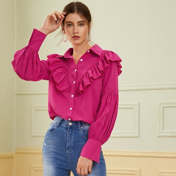 

Neon Pink Ruffle Trim Shirt, Pink bright