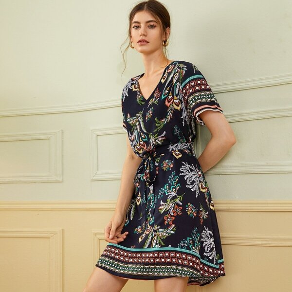 

Plant Print Belted Tunic Dress
