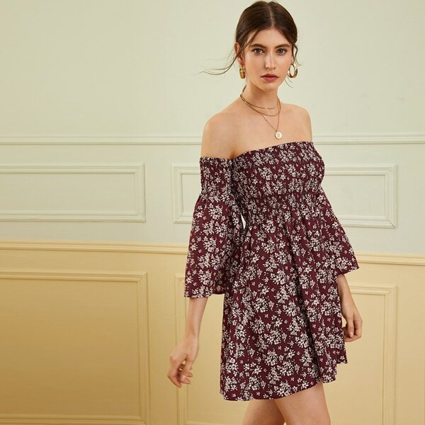 

Ditsy Floral Off Shoulder Shirred Dress