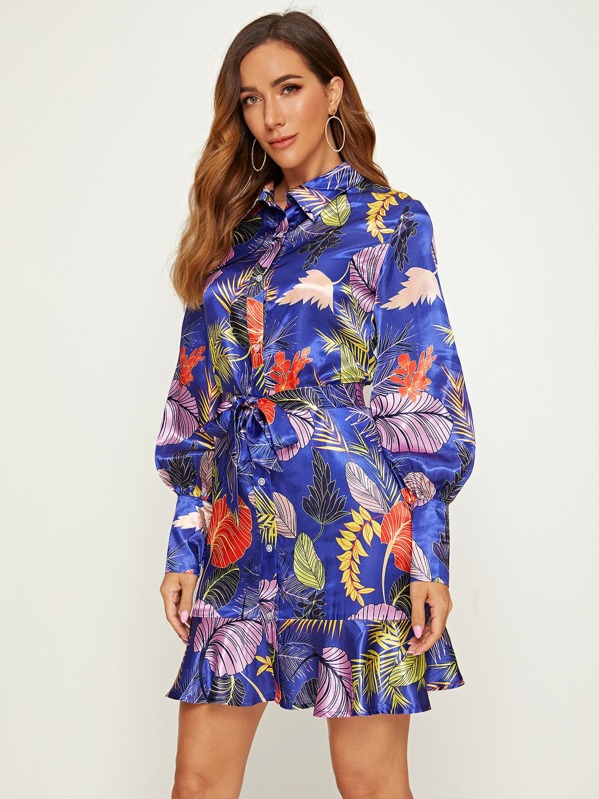 

Tropical Print Ruffle Hem Satin Shirt Dress, Multicolor, Denise