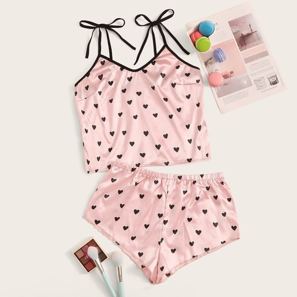 

Heart Print Satin Cami With Shorts, Pink