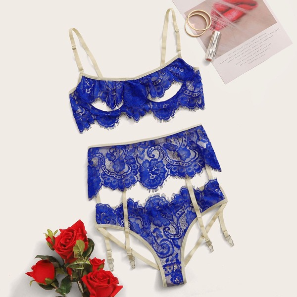 

Floral Lace Underwire Garter Lingerie Set, Blue