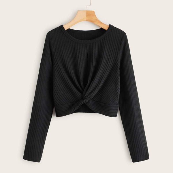 

Twist Front Rib-knit Tee, Black