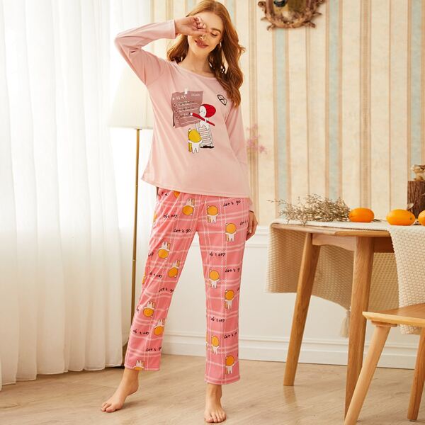 Cartoon Print Plaid Pajama Set, Pink