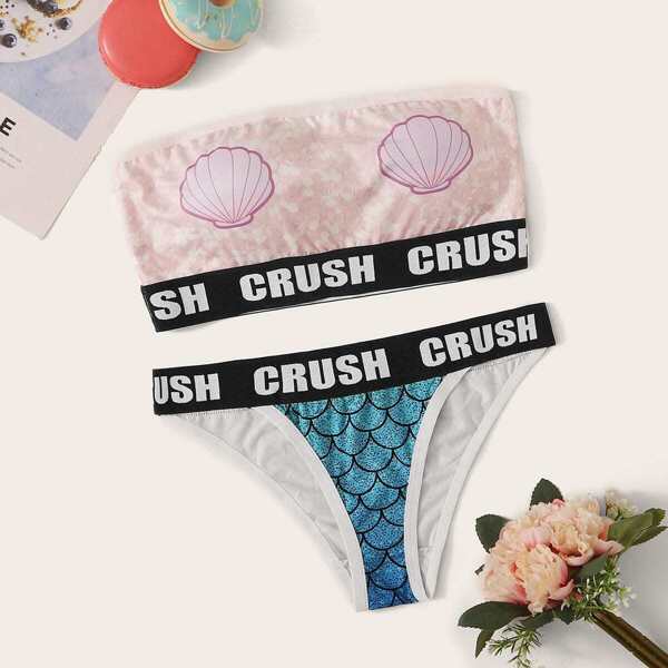 

Shell Print Letter Tape Lingerie Set, Multicolor