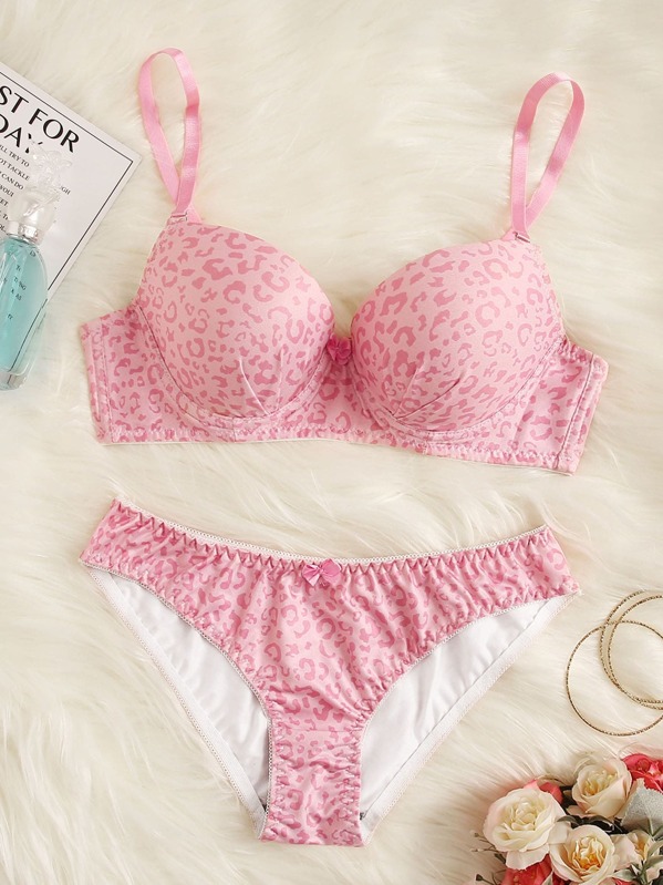 

Leopard Print Push Up Underwire Lingerie Set, Pink
